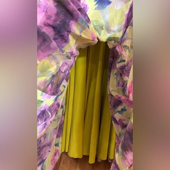 NWT Badgley Mischka Floral Ruffle V Neck Gown Purple Yellow Green 8 - Picture 11 of 16